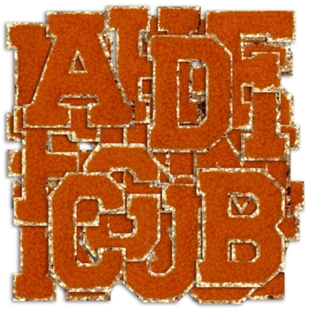Aufnäher / Patch Set, Chenille, 26 Buchstaben A-Z, Goldglitzer-Untergrund, Klebefläche, Orange - Bild 1