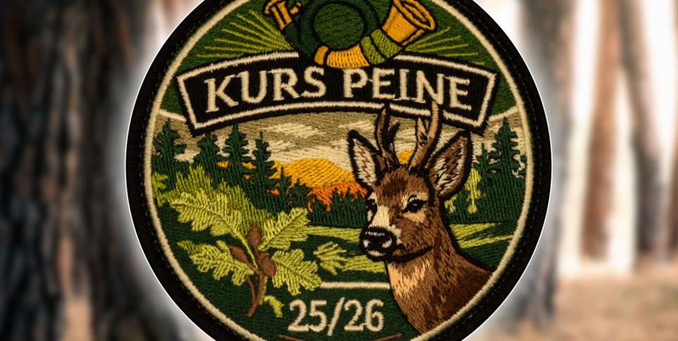 Leicht verschwommener Waldhintergrund - im Vordergrund ein gestickter Aufnäher mit Eichenlaub, Hirsch und Jagdhorn