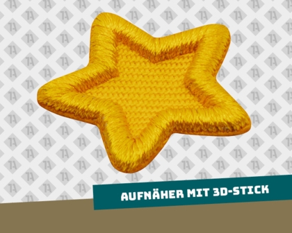 Ein kleiner gelber Stern, der Untergrund ist gelb und gewebt und die Umrandung ist ein 3D-Stick