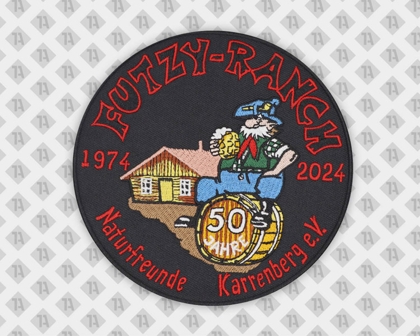Runder gestickter Patch mit gesticktem Rand Futzy Ranch Naturfreunde Haus Bierfass 50 Jahre Vereine
