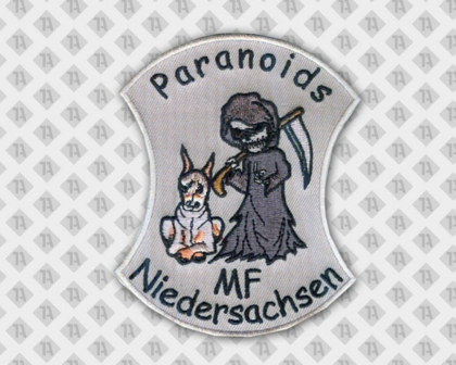 Patch Aufnäher gestickt mit gesticktem Rand mit Hund Sensenmann und Schriftzug Biker grau schwarz Paranoids MF Niedersachsen
