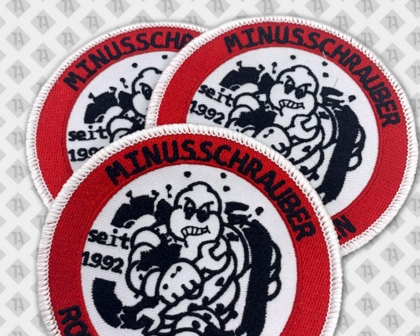 Runder gestickter Patch Aufnäher mit Kettelrand Schrauber rot weiß Biker
