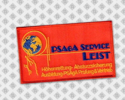Rechteckiger gestickter Aufnäher Patch mit Kettelrand rot gelb Weltkugel Firmen