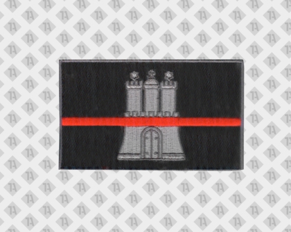 Patch Aufnäher gestickt eckig mit gesticktem Rand Stadtwappen schwarz rot Gemeinde Stadt
