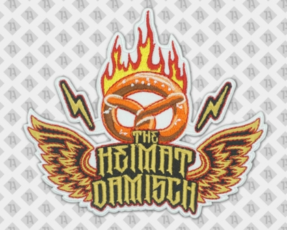 Konturgeschnittener Aufnäher Patch gestickt in rot gelb mit Motiv Brezel Feuer und Flügeln für Bands und Musiker