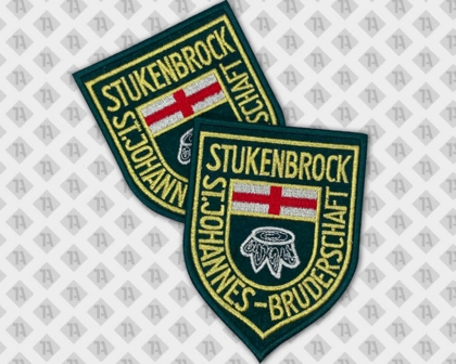 Gestickter konturgeschnittener Patch Aufnäher mit gesticktem Rand Wappen Stukenbrock bunt Schützenverein