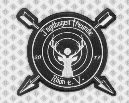 Konturgeschnittener Aufnäher Patch gestickt mit gesticktem Rand schwarz weiß Jagdbogen Schützenverein