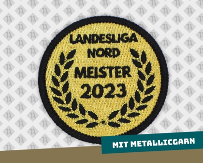 Runder gestickter Aufnäher mit Kettelrand gold metallic Landesliga Meister Vereine