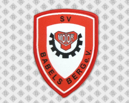 Patch Aufnäher gewebt in Wappenform mit Kettelrand rot weiß schwarz Babelsberg Vereine