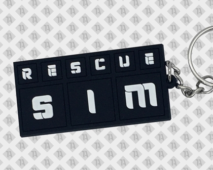 PVC Rubber Schlüsselanhänger eckig Rescue Sim schwarz weiß mit Kette und Ring