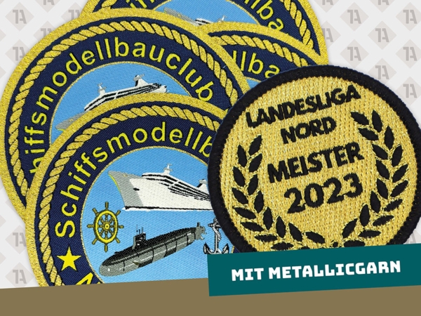 Aufnäher und Patches in Wunschform mit Metallicgarn gewebt gestickt