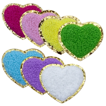 Aufnäher / Patch Set, Chenille, 7 Herzen, Goldglitzer-Untergrund, Klebefläche, 53x45 mm - Bild 1