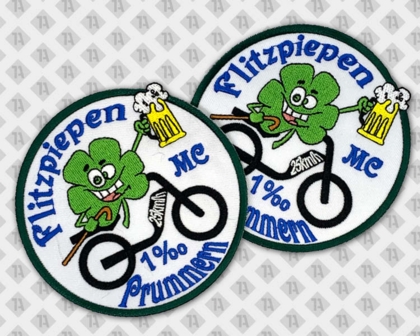 Runder gestickter Patch Aufnäher mit Kettelrand bunt Kleeblatt mit Bier Biker