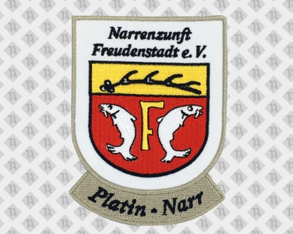 Wappen Patch Aufnäher gestickt im Konturschnitt mit gesticktem Rand bunt Narrenzunft Karneval