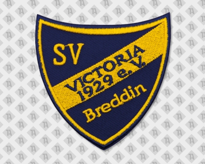 Blaues Wappen mit gelber Schrägbande und gesticktem Vereinsnamen „SV Victoria 1929 e.V. Breddin“.