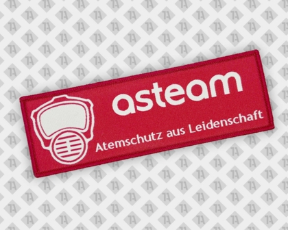 Eckiger Patch Aufnäher gewebt mit Kettelrand weiß rot asteam Atemschutz aus Leidenschaft Firmen