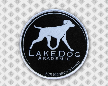 Gewebter Patch Aufnäher mit Kettelrand rund schwarz weiß Hundesport