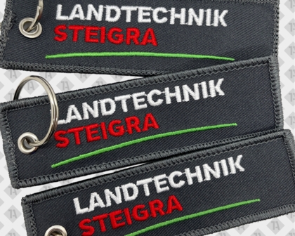 Schlüsselanhänger gestickt mit Kettelrand Landtechnik Steigra Firmen