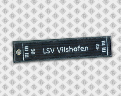 Gestickter Schlüsselanhänger schwarz mit Kettelrand und Öse Vereine
