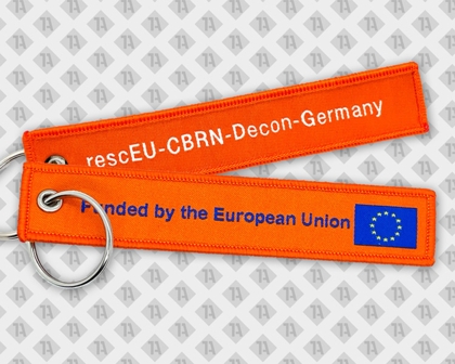 Gewebter Schlüsselanhänger mit Kettelrand in blau weiß rot Decon Germany Ring und Öse Polizei European Union