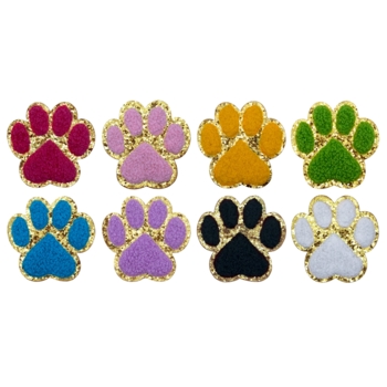 Aufnäher / Patch Set, Chenille, Pfoten, Goldglitzer-Untergrund, Klebefläche, 60x60 mm - Bild 1