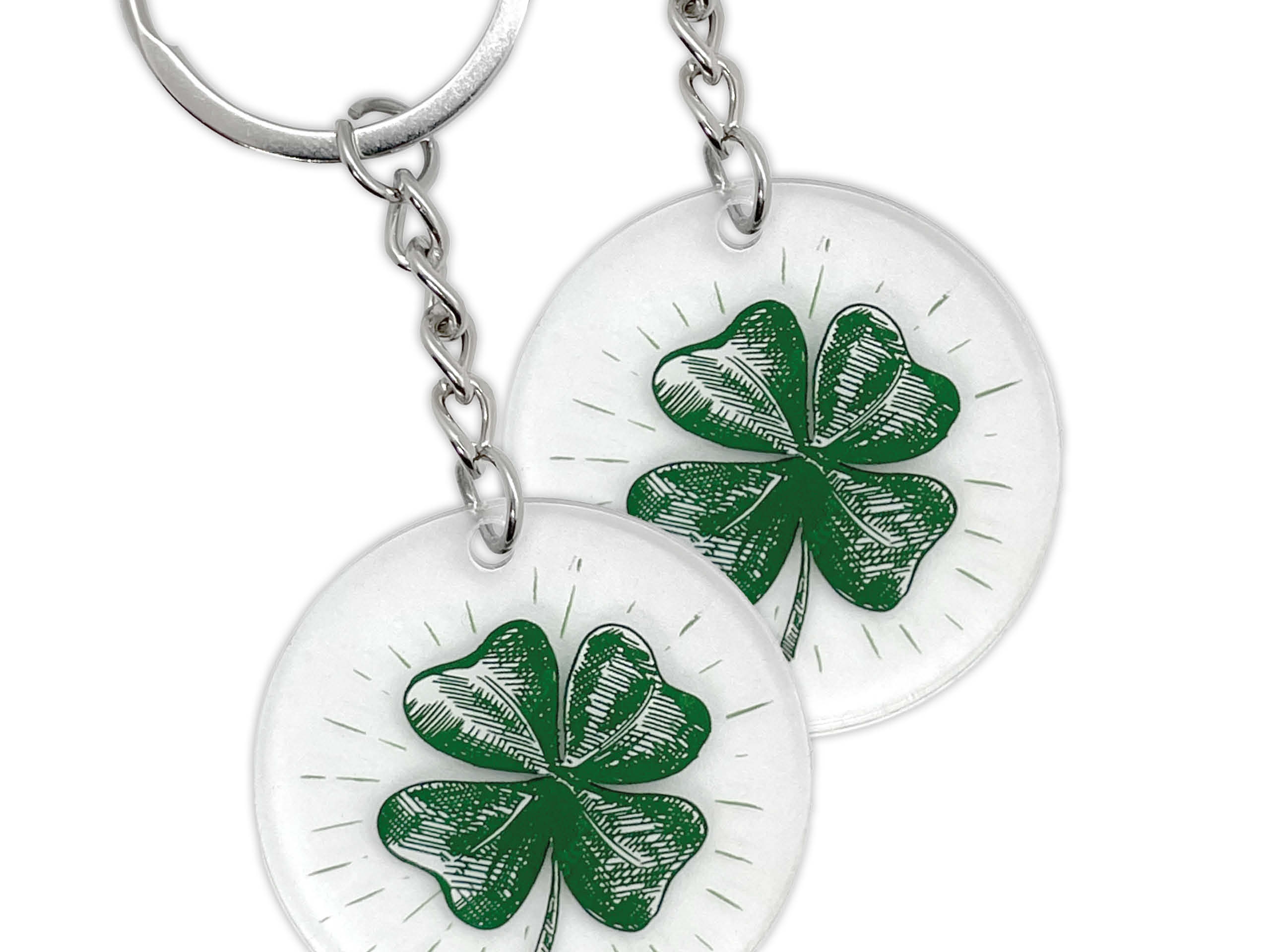 Runde Schlüsselanhänger aus Acrylglas mit Ring und grünem Kleeblatt – 1a-patch.de