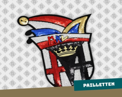 Paillettenpatch MKV mit Narrenkappe in glänzenden Farben für Karneval & Event