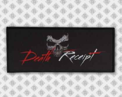1A Patches oder Aufnäher gedruckt für Bands schwarz mit rot weißer Schrift und Motiv Totenkopf