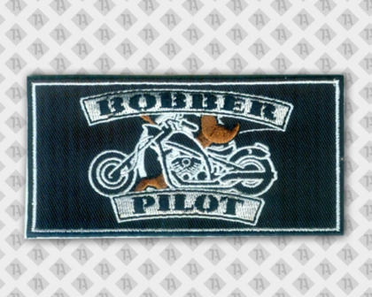 Rechteckiger Aufnäher Patch gestickt mit gesticktem Rand Schriftzug und weißem Motorrad Biker