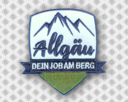 Patch Aufnäher gestickt Konturschnitt Wappenform Allgäu Berge Firma