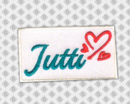 Rechteckiger gestickter Aufnäher Patch mit gesticktem Rand Jutti Herzen rot Firmen