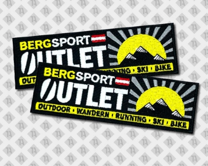 Patch Aufnäher gestickt reckteckig mit gesticktem Rand Outlet gelb schwarz Berge Firmen
