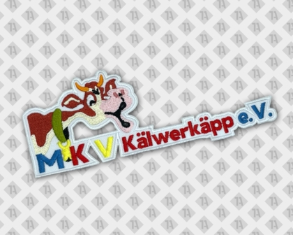 Konturgeschnittener Aufnäher Patch gestickt mit gesticktem Rand MKV Kälwerkapp bunt Kuh Narren Karneval