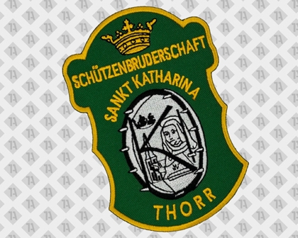 Gestickter Aufnäher Schützenbruderschaft Sankt Katharina Thorr – grün-gelb mit Wappenmotiv und goldener Krone