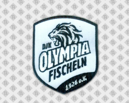 Gestickter Patch Aufnäher Badge Abzeichen in Wappenform gestickter Rand schwarz weiß Löwe Olympia Vereine