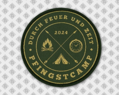 Runder gewebter Aufnäher mit Kettelrand metallic gold Pfingstcamp Pfadfinder