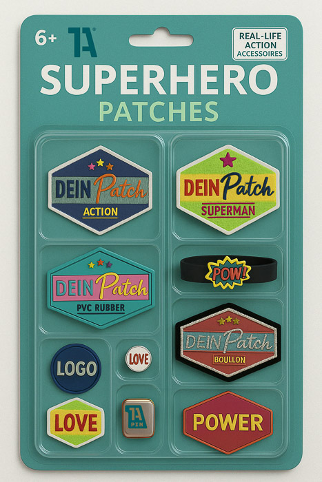 Superhero Patches Set mit DEIN Patch Designs, Armband, Pins und PVC Rubber Aufnäher“