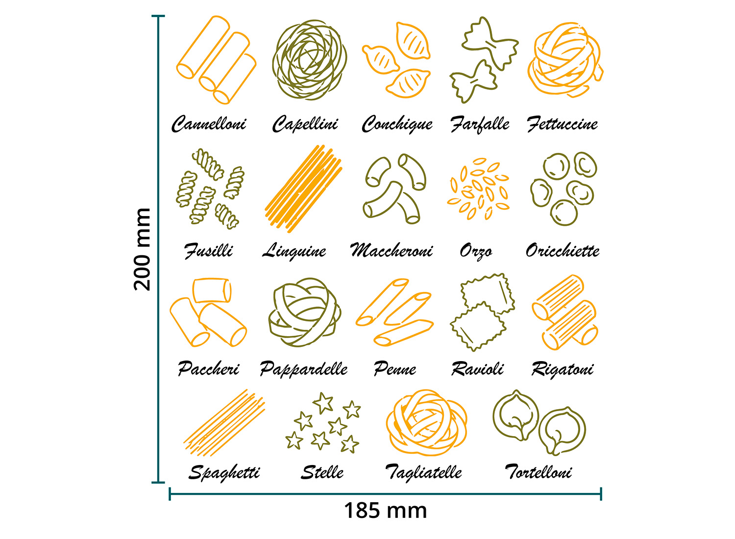 DTF / Textildruck / Bügelbild, Nudelmix - Größentabelle / Sizechart