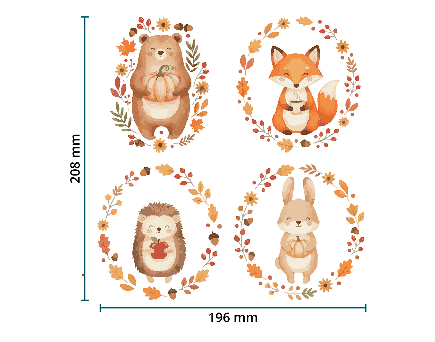 DTF / Textildruck / Bügelbild, Tiere mit Herbstkranz - Größentabelle / Sizechart