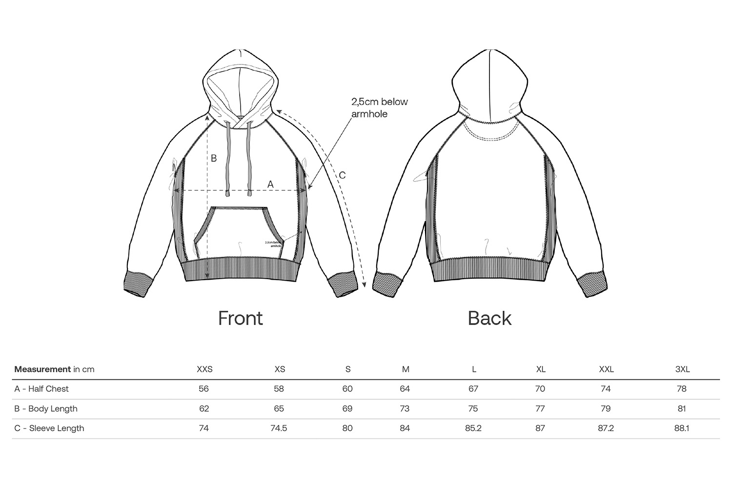 Stanley/Stella Hoodie Striker - Größentabelle / Sizechart